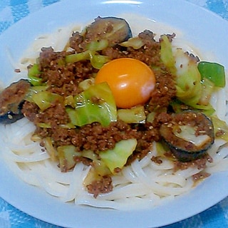 茄子とひき肉の味噌炒めで簡単ジャージャー麺 うどん